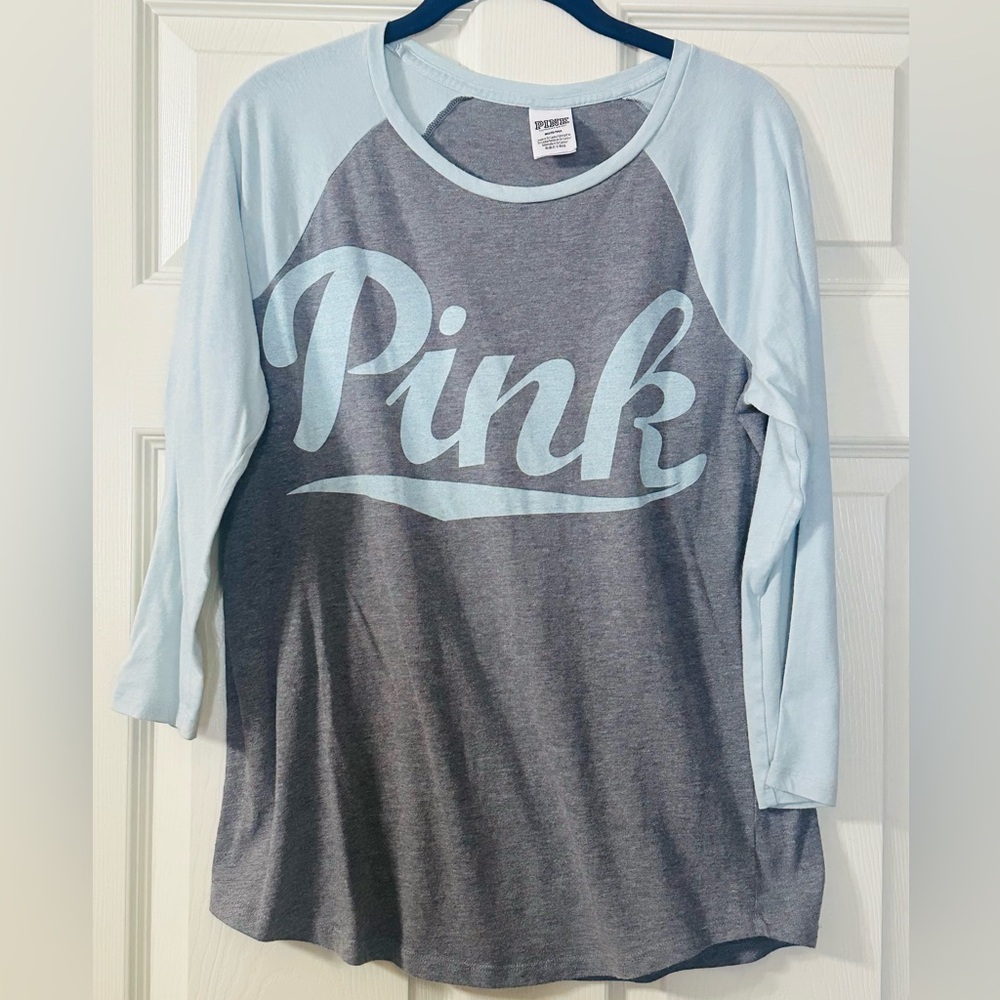 PINK Victoria's Secret Gray and Light Blue 3/4 Long Sleeve Tee
